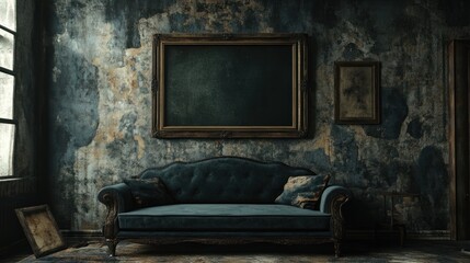 Eerie Vintage Interior: A Dark and Mysterious Room with Antique Furniture and a Distressed Wall
