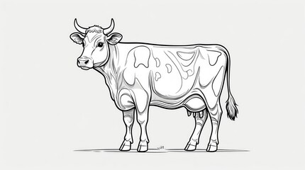 A detailed black and white illustration of a standing cow with prominent horns and udder
