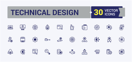 Technical Design icons set. Contains related to work, process, technology, industrial, mechanic and more. Icons for UI. Vector outline and solid icons collection.