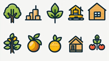 Fototapeta premium Icons representing nature, buildings, and fruits.