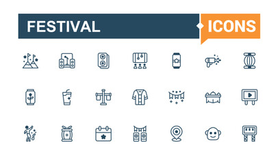 Set of Festival line icons. Includes icons for decoration, speaker, ball, alcohol, celebration, event, microphone and more. Symbol. Solid line editable vector illustration.