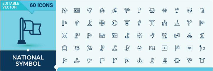 Set of National Symbol line icons. Related to gps, flag, shape, banner, en and more. Collection for mobile and web apps. Solid line editable stroke. Vector line and solid icons.