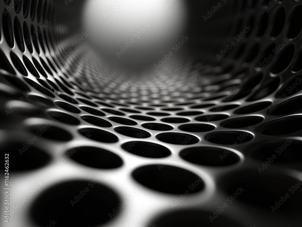 Poster close-up of a modern black perforated material, creating a mesmerizing tunnel effect.