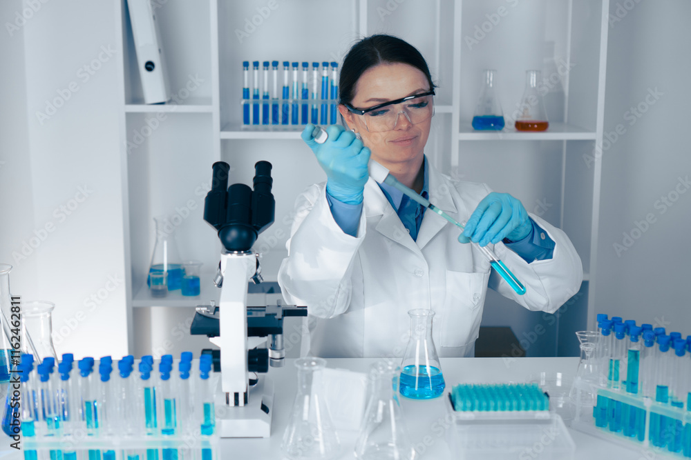 Poster a dedicated scientist conducts a detailed lab experiment using advanced equipment to uncover groundb