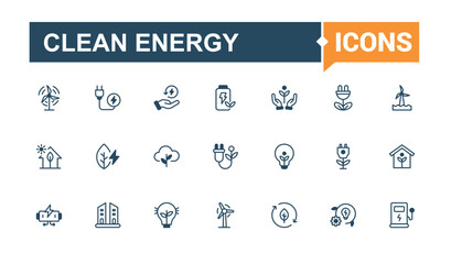Clean Energy icon set. Includes icons for power, Green, Energy, battery, ecology, electricity and more. Set of line pictogram. Solid line editable stroke. Vector line and solid icons.