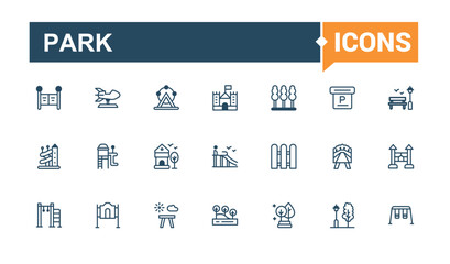 Park icon set. It contains symbols to travel, camp, urban, playground, recreation, bridge, public, car. Pixel perfect. Solid line editable stroke. Vector line and solid icons.