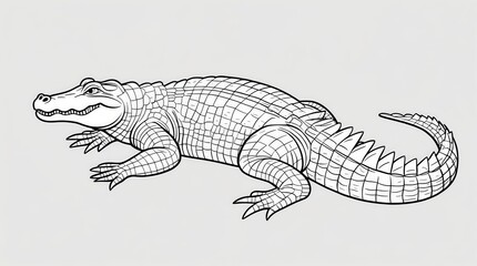 A detailed black and white line drawing of a powerful crocodile with textured skin and sharp teeth