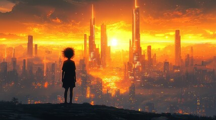 Fototapeta premium Child gazes at a futuristic city during sunset.