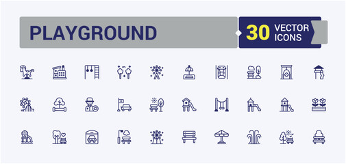 Playground isolated icon set. Contains related to city, Park, lake, car, tree, street and more. Isolated icons design. Solid line editable stroke.