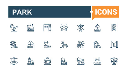 Park icon set. It contains symbols to travel, camp, urban, playground, recreation, bridge, public, car. Pixel perfect. Solid line editable stroke. Vector line and solid icons.