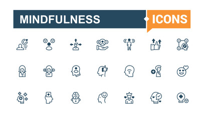 Mindfulness icon set. Includes icons for emot, Positive Thinking, good, attitude, courage, think, mindedness, loved. Collection for mobile and web apps. Solid line editable stroke.