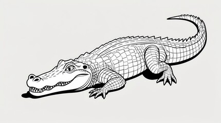 A detailed black and white line drawing of a powerful crocodile with textured skin and sharp teeth