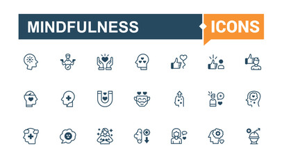 Mindfulness icon set. Includes icons for emot, Positive Thinking, good, attitude, courage, think, mindedness, loved. Collection for mobile and web apps. Solid line editable stroke.