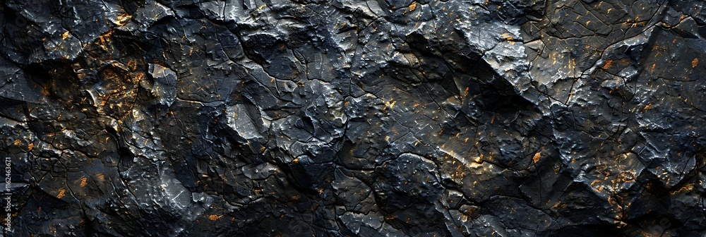 Poster rough, dark rock surface with sharp edges and textures. hints of metallic sheen or volcanic composit