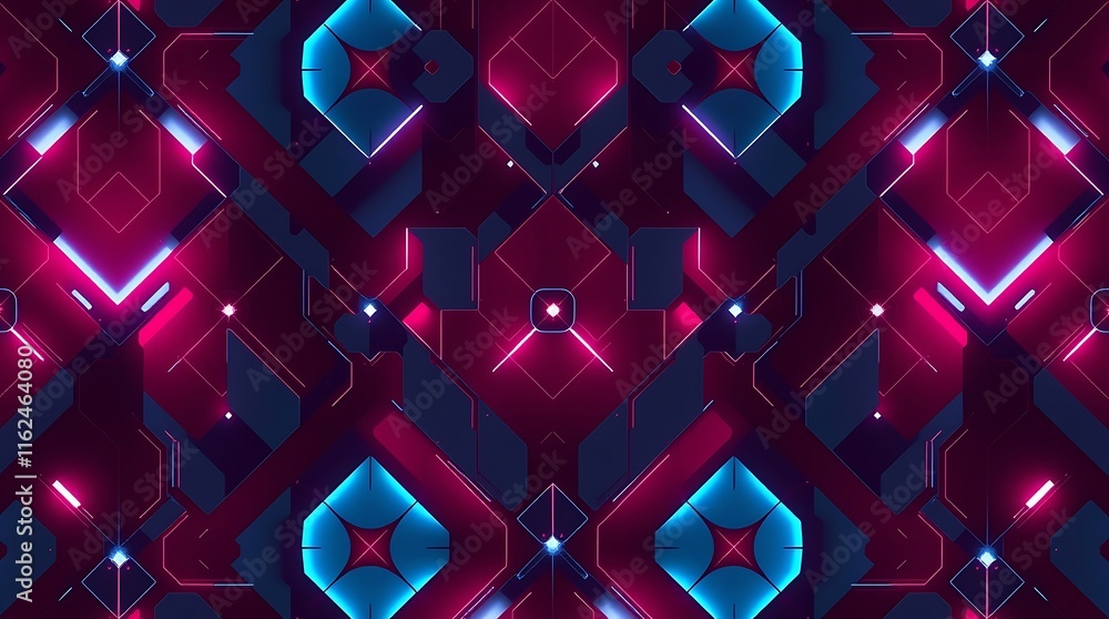Poster neon geometric pattern: a mesmerizing digital art piece featuring vibrant neon pink and blue hues, c