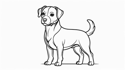 A detailed black and white line art illustration of a standing Jack Russell Terrier with alert expression