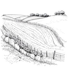 Fototapeta premium Black and White Sketch of Rolling Hills with Vineyard and Fenced Fields.