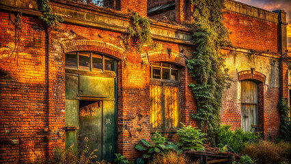 Fototapeta premium Urban oasis of decay, showcasing abandoned architecture intertwined with nature reclamation. vibrant colors and textures evoke sense of nostalgia and beauty in neglect