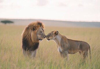 Fototapeta na wymiar A lion and an African lioness in love
