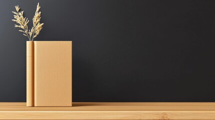 Decorative Book with Dried Flowers on Wooden Shelf Minimalist Style Calm Environment Close-Up View