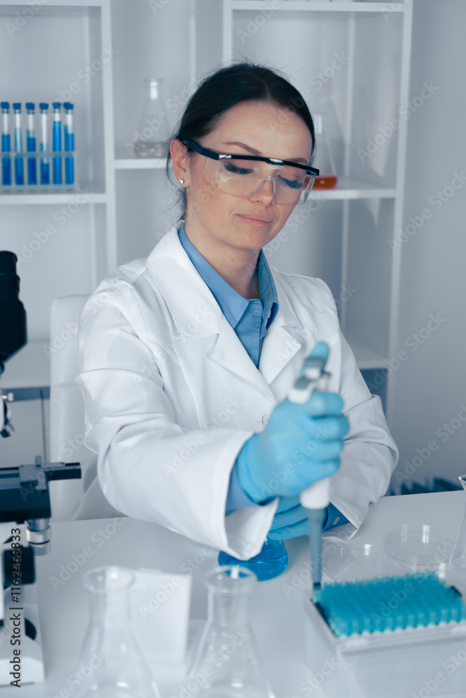 Poster A dedicated female scientist is diligently conducting precise research in a stateoftheart laboratory, utilizing a pipette to handle various liquids with utmost care and attention to detail