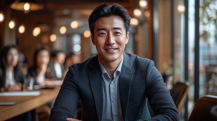 Fototapeta premium A confident man in a suit sits at a wooden table in a contemporary office filled with warm light. Colleagues engage in discussion in the background, creating a productive atmosphere.