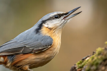 Obraz premium Close-up of a singing nuthatch bird on a branch in nature.
