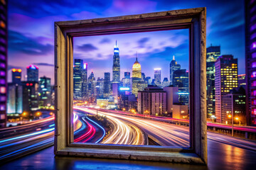 Fototapeta premium Majestic night cityscape with motion blur, framed view of skyline, vibrant lights, and dynamic traffic. stunning urban scene showcasing modern architecture and energy
