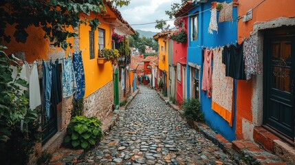Fototapeta premium A vibrant street scene with colorful buildings and clothes hanging on a cobblestone path.