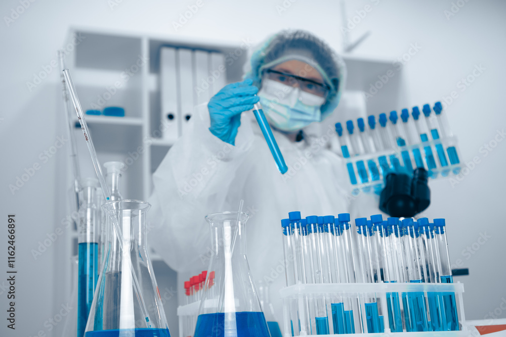 Poster A skilled scientist performs complex lab experiments, emphasizing the need for innovation and ongoing research in healthcare and biotechnology to enhance medical knowledge and patient outcomes