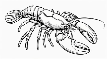 A detailed monochrome line drawing of a lobster with large claws and long antennae