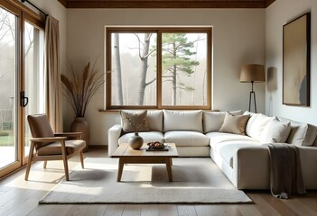 A rustic and cozy living room with a large window, a white couch, and natural decor elements like a wooden coffee table