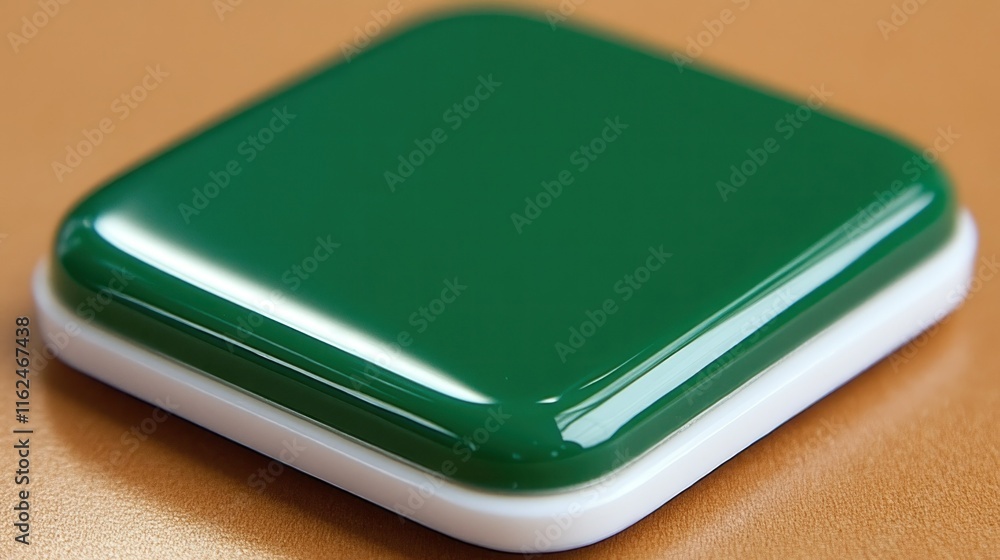 Poster a green square button on a smooth surface.