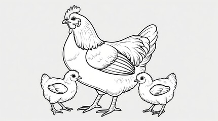 A charming monochrome line art depiction of a mother hen protecting her three small chicks