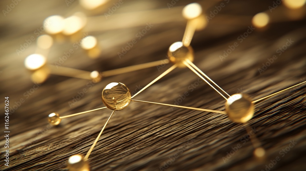 Aufkleber golden molecular structure on wooden surface with abstract connection lines