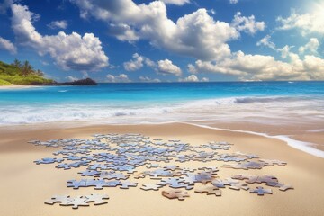 Puzzle pieces scattered on a beach with vibrant ocean waves and blue sky