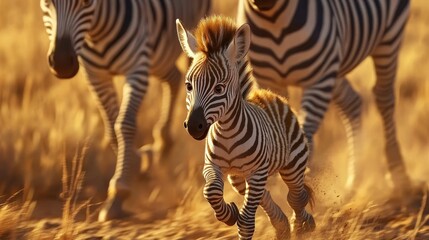 Fototapeta premium A Young Zebra Foal Runs With Its Herd Across The Savanna