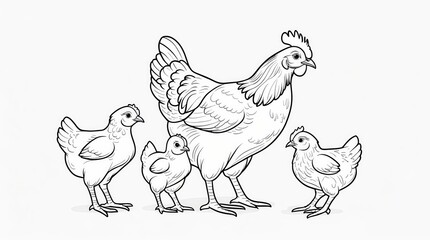 A charming monochrome line art depiction of a mother hen protecting her three small chicks