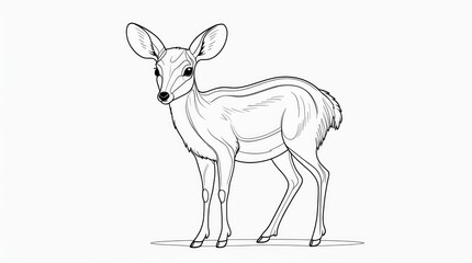 A delicate black and white line drawing of a young deer standing gracefully with large ears
