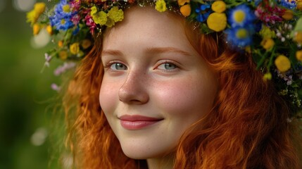 Naklejka premium Redhead Woman Smiling in Flower Crown Amidst Nature, Embracing Summer and Natural Beauty