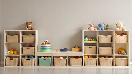 Toy storage shelves with baskets and stuffed animals