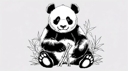 A charming black and white illustration of a panda bear sitting and holding bamboo shoots