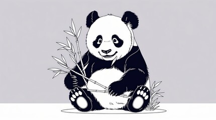 A charming black and white illustration of a panda bear sitting and holding bamboo shoots