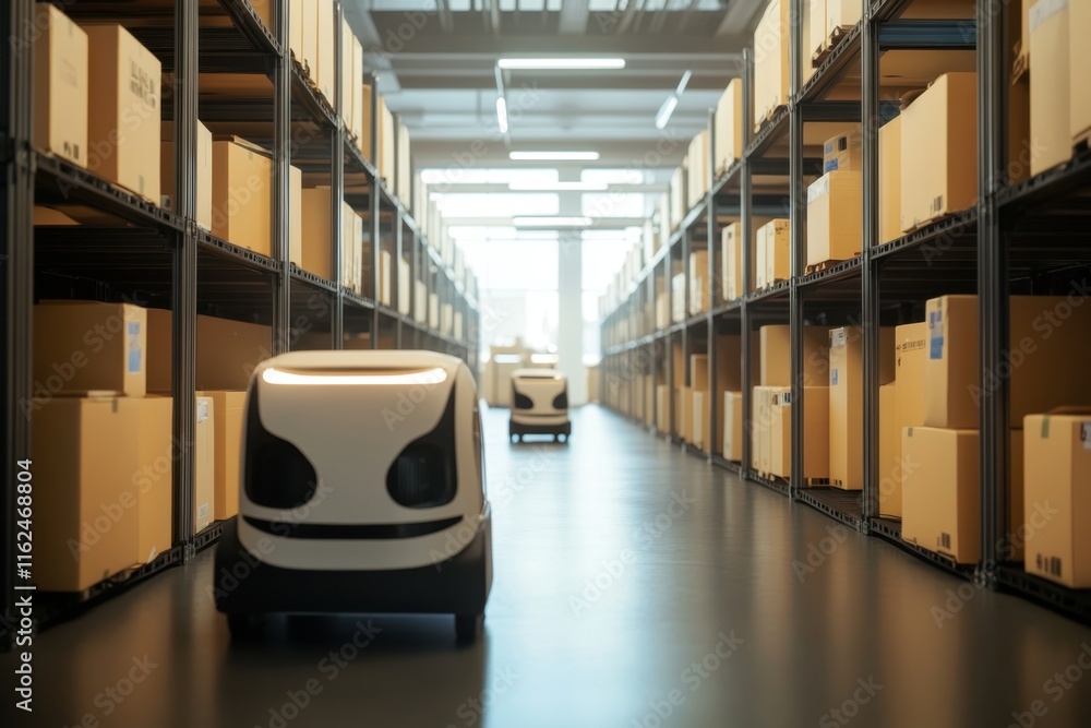 Poster robotics transforming warehouse logistics with automated delivery vehicles in action