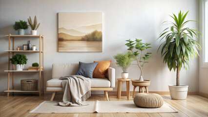 Natural-themed living room with wooden furniture and indoor plants