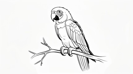 A detailed black and white illustration of a cockatoo perched on a branch with its crest raised