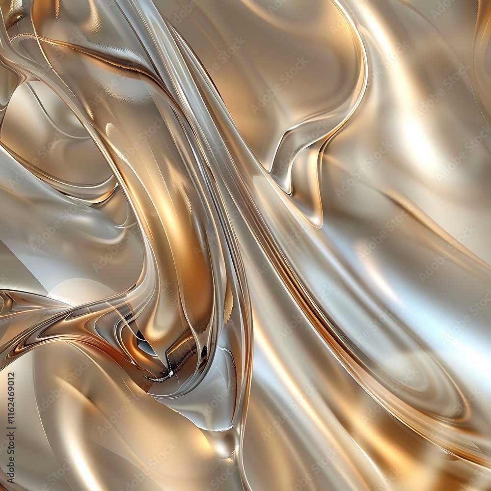 Poster abstract, flowing shapes with a metallic sheen create a swirling, liquid effect. highlights and refl