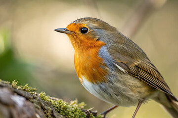 European robin perched on tree branch in natural habitat.
