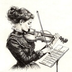 Pen and Ink Drawing of a Woman in Victorian Dress Playing a Violin from Sheet Music.