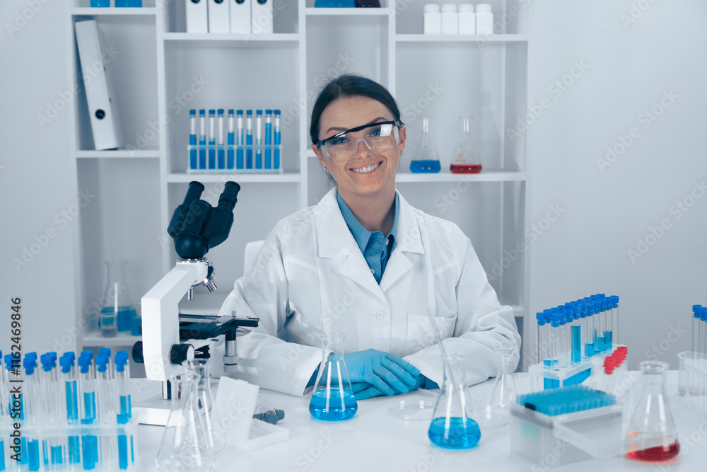 Aufkleber A dedicated scientist is currently working in a laboratory, surrounded by an array of glassware and microscopes, fully engaged in innovative research and experiments to further the field of science